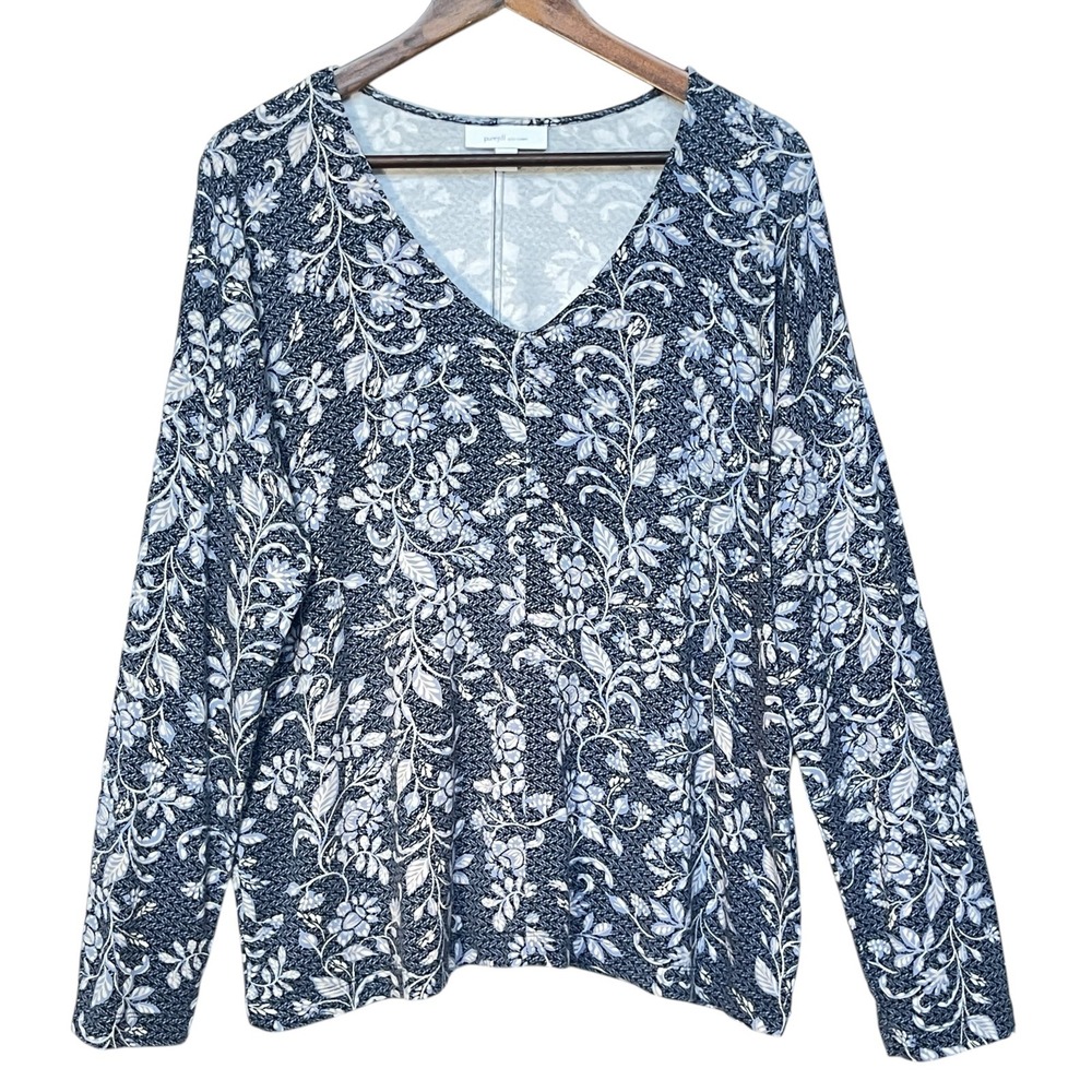 Pure Jill J.Jill Eco-Terry Floral V-Neck Top Navy Blue White Long Sleeve Large